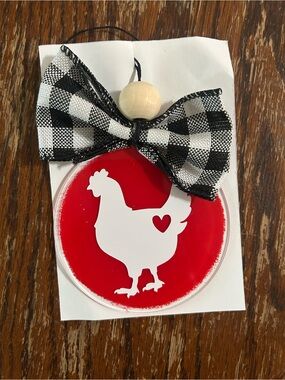 Farmhouse Red Chicken Ornament with Black Gingham Bow car charm